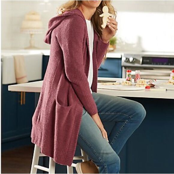 Barefoot Dreams CozyChic Lite Relaxed Hooded Long Cardigan Berry Rose Size Small - Picture 7 of 13